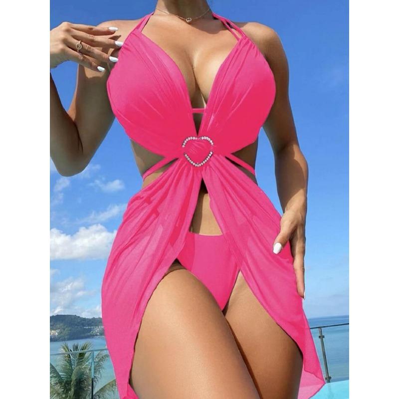 Women's White Heart Rhinestone Mesh Cover-Up Three-Piece Bikini Swimsuit Set
