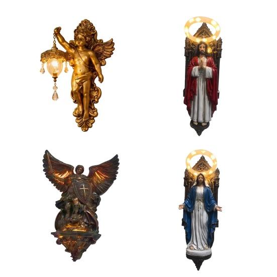 Resin Vintage Vegglampe Liten Vinget Engel/Jesus/Jomfru Maria Veggapplikasjon Middelaldersk Gotisk LED Veggdekor for Soverom Stue Gang