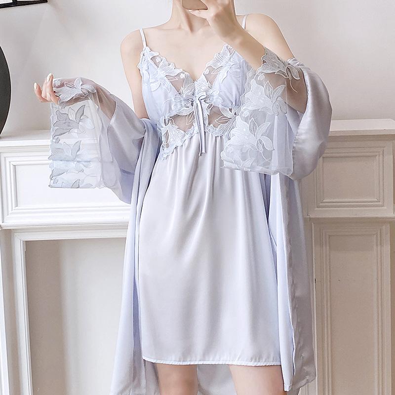 Sexy new pajama long dress, ice silk French embroidery lace strap, padded spaghetti strap nightdress, pure and alluring style loungewear