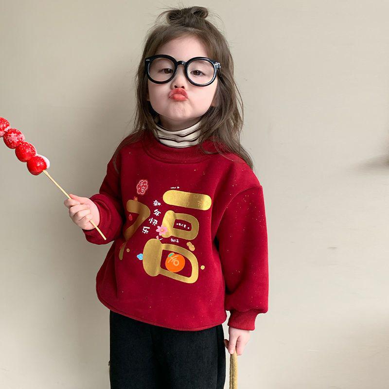 

Повседневный свитшот для девочек в корейском стиле с бархатом, мода на осень/зиму, для маленьких и средних детей, новогодний дизайн. Size 120cm