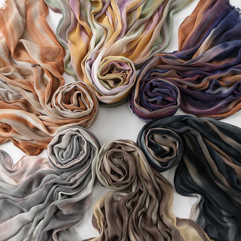 Bohemian Women Tie-Dyed Ombre Crinkle Cotton Rayon Hijab for Ramadan Soft Muslim Hijabs Scarf Breathable Islamic Wraps Shawls