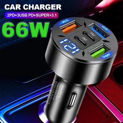 66W Car Charger QC 3.0 USB Type-c Quick Charging 5-Port USB A+USB C Fast Charging Cigarette Lighter Adapter For IPhone