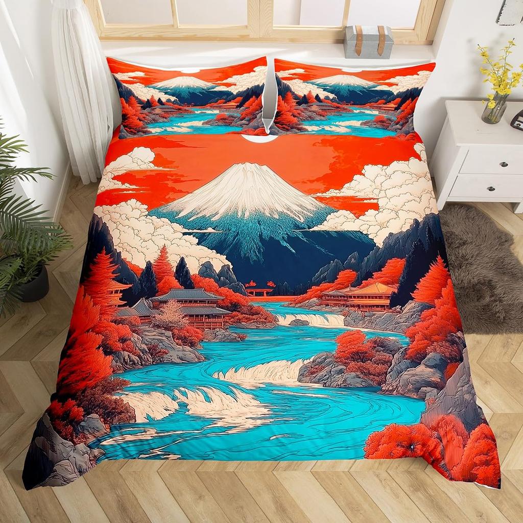 Mountain River Soft Duvet Cover Set Quen Sized Dimensions,Retro Adventure Theme Warm Comforter Cover Nature Scenery Beding Set Young Boys Young Girls