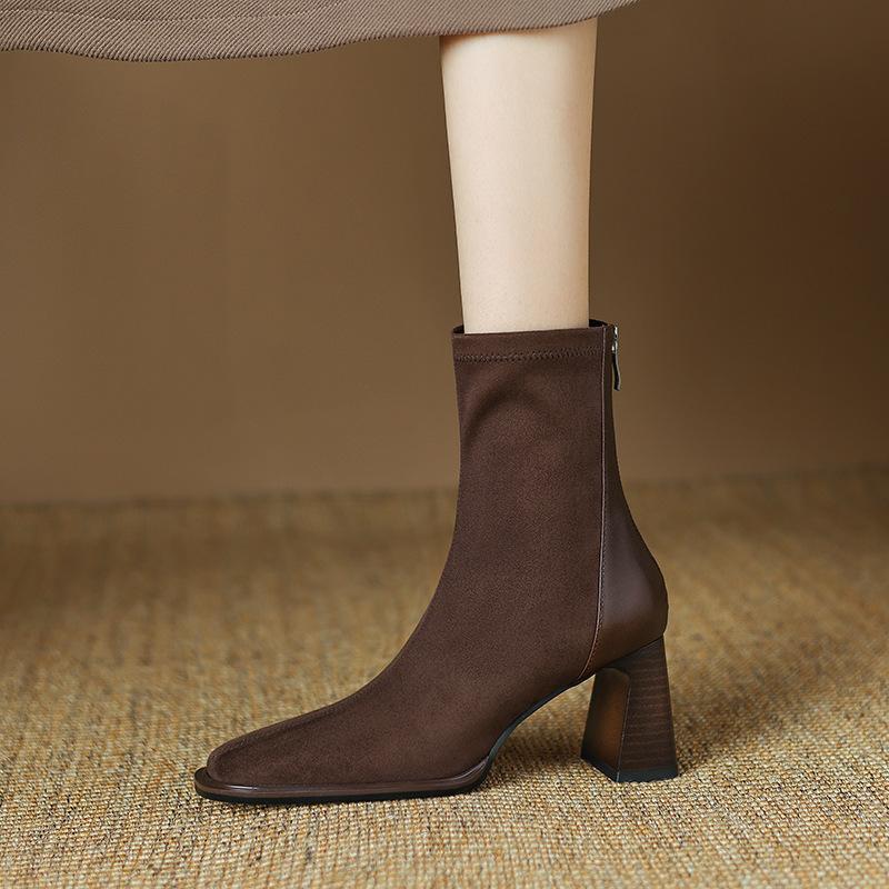 

Square head thick heel short boots women s suede versatile high heel elastic boots temperament thin boots women 42 коричневий