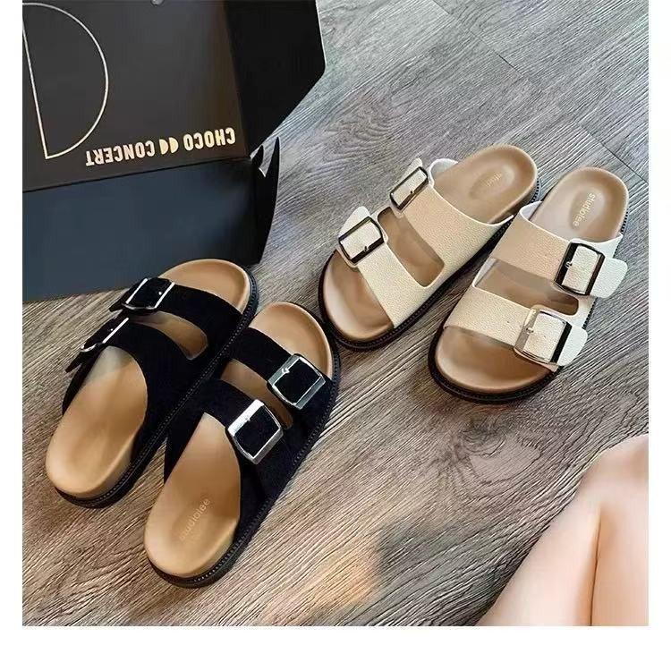 Birkencool Slippers Women'S Summer New Versatile Flat Bottom One Word With Square Buckle Thick Bottom Beach Birkencool Slippers