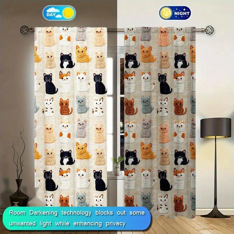 Cartoon Cat Printed Curtains Christmas Decorations Bedroom Living Room Home Decoration Curtain Made Of Polyester Washable Sitting Ready