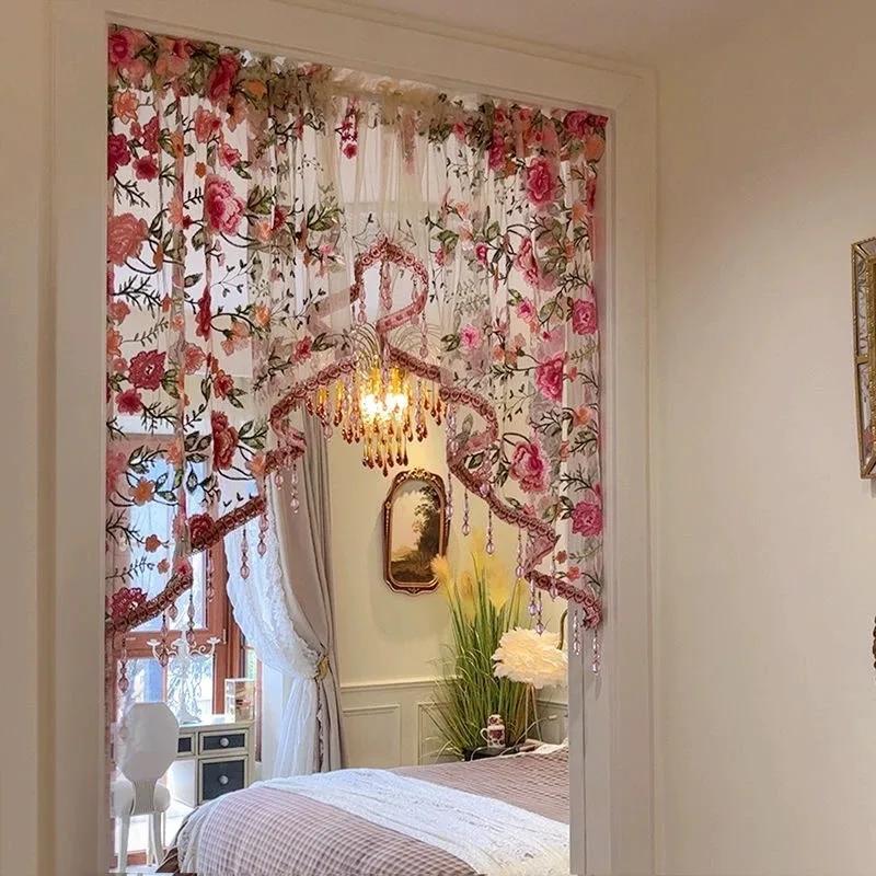 Luxury Country Embroidery Flower Lace Curtain for Kitchen Window Beaded Vintage Voile Farmhouse Triangle Small Curtain