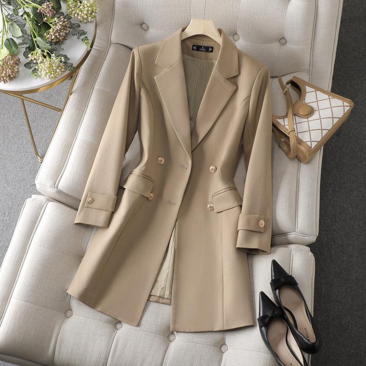 Turn Down Collar Blazers Women Fashion Solid Casual Double Breasted Coats Office Ladies Long Sleeve Jacket