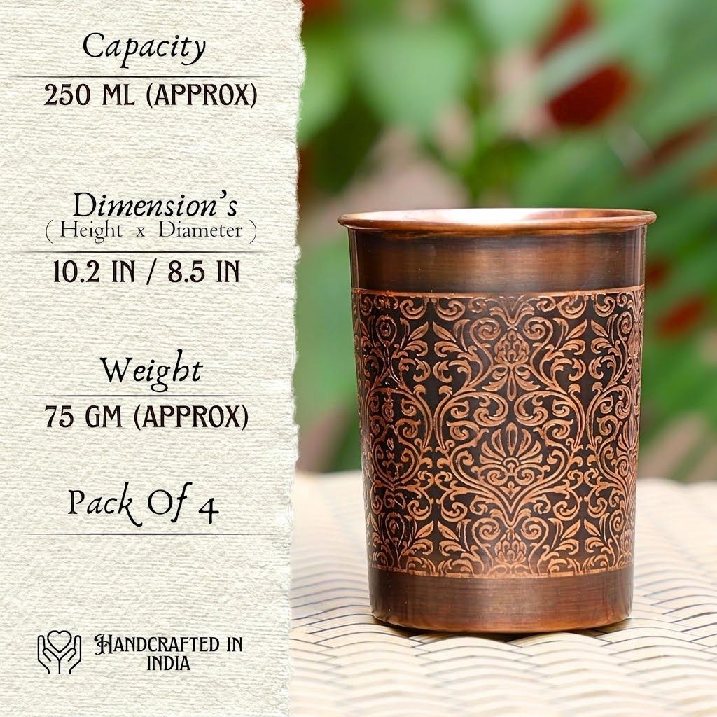 Pure Copper Water Dispenser 5 Litre | Pure Copper Handcrafted Glasses Set with Gift Box Set of 4 Antique Etching Design - 250ml
