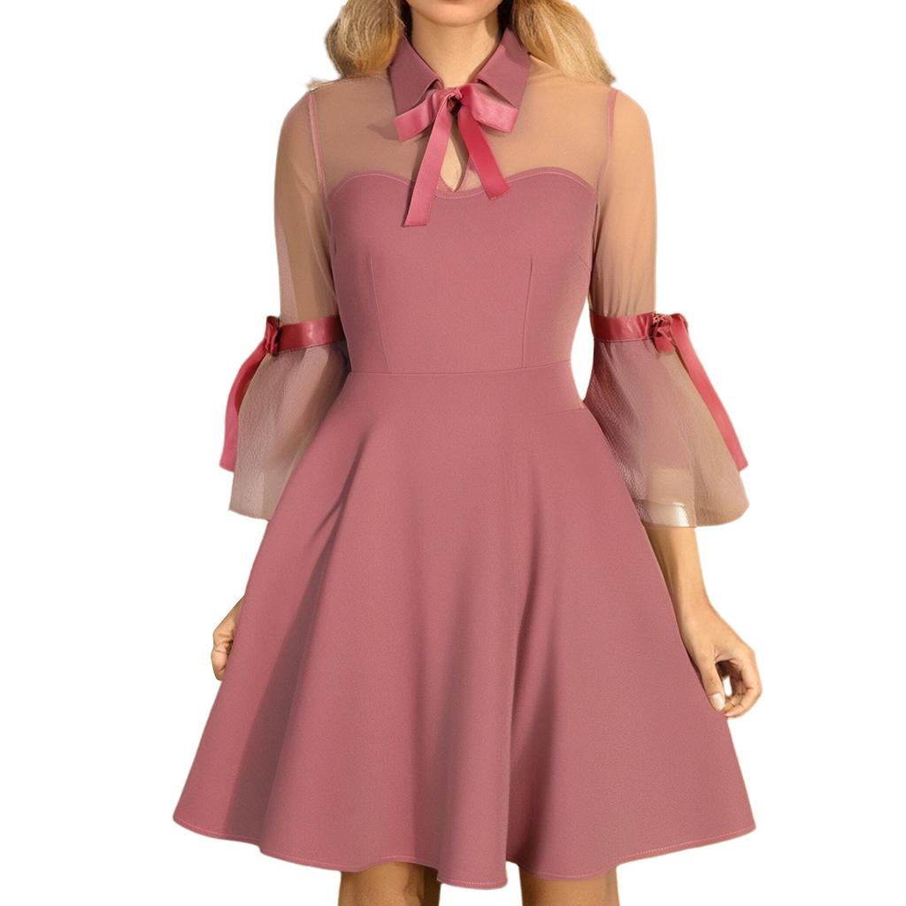 Damen Hohlgestricktes Mesh-Patchwork Retro Revers Dreiviertelarm Kleid mit großem Schwingrock