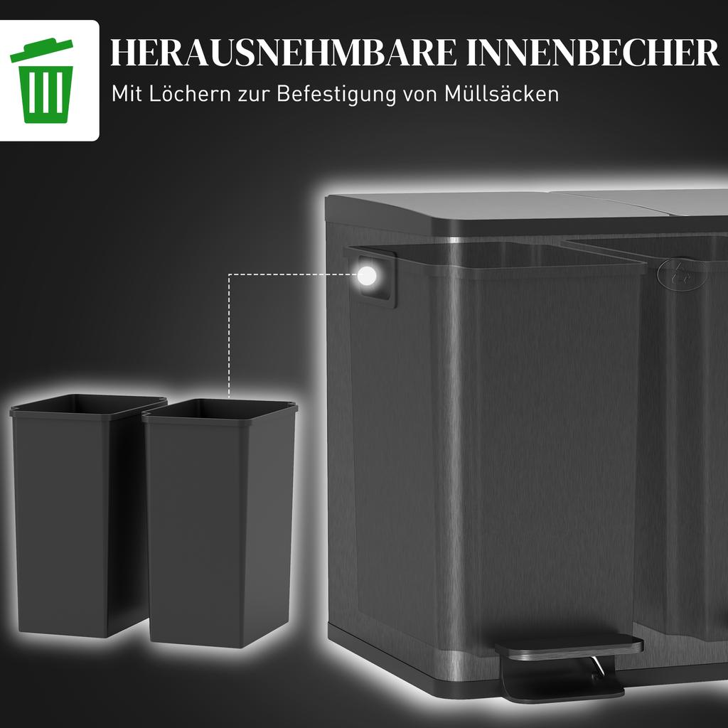 30L Dual Compartment Stainless Steel Bin, with Deodoriser Holders - Black