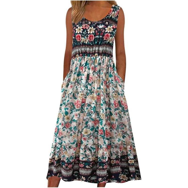 Letnia Sukienka Casual z Kwiatowym Wzorem Bez Rękawów Damska Dekolt O Wiosenna Moda