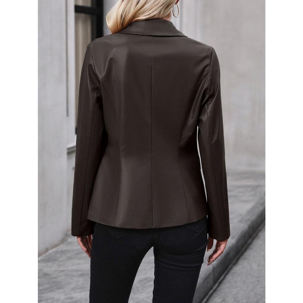 Women's Double Breasted Blazer PU Leather Moto Jacket