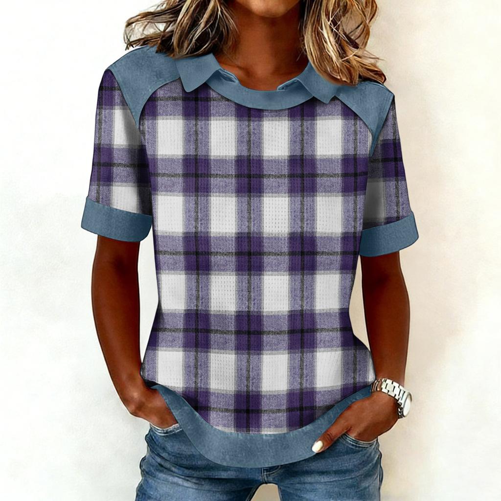 Women's Fashion Collar Cowboy Splicing Sweatshirt Casual Printed Hoodie Short Sleeve Shirt Top