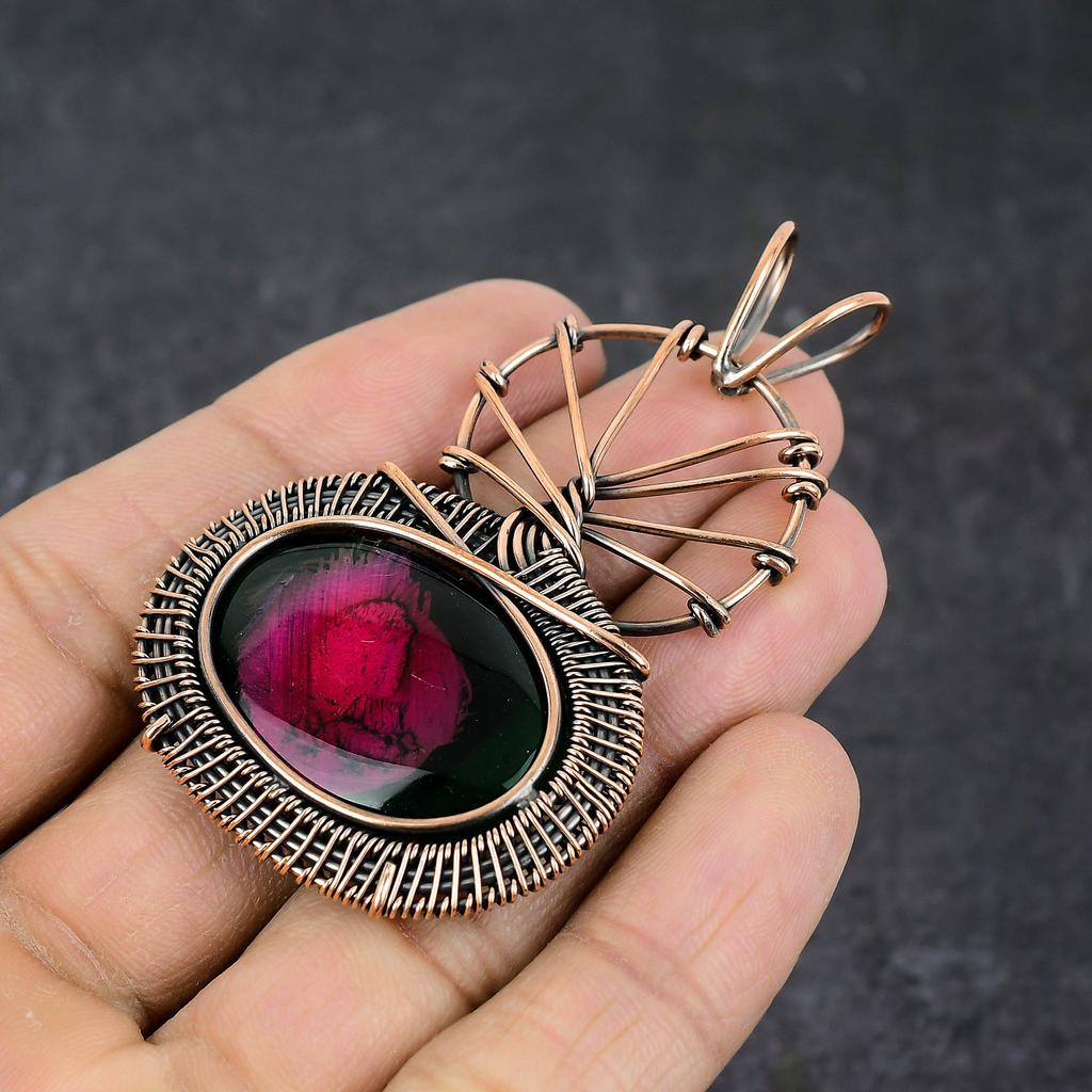 Pink Rubellite In Chrome Gemstone Handmade Copper Wire Wrap Pendant 2.76" n8F92