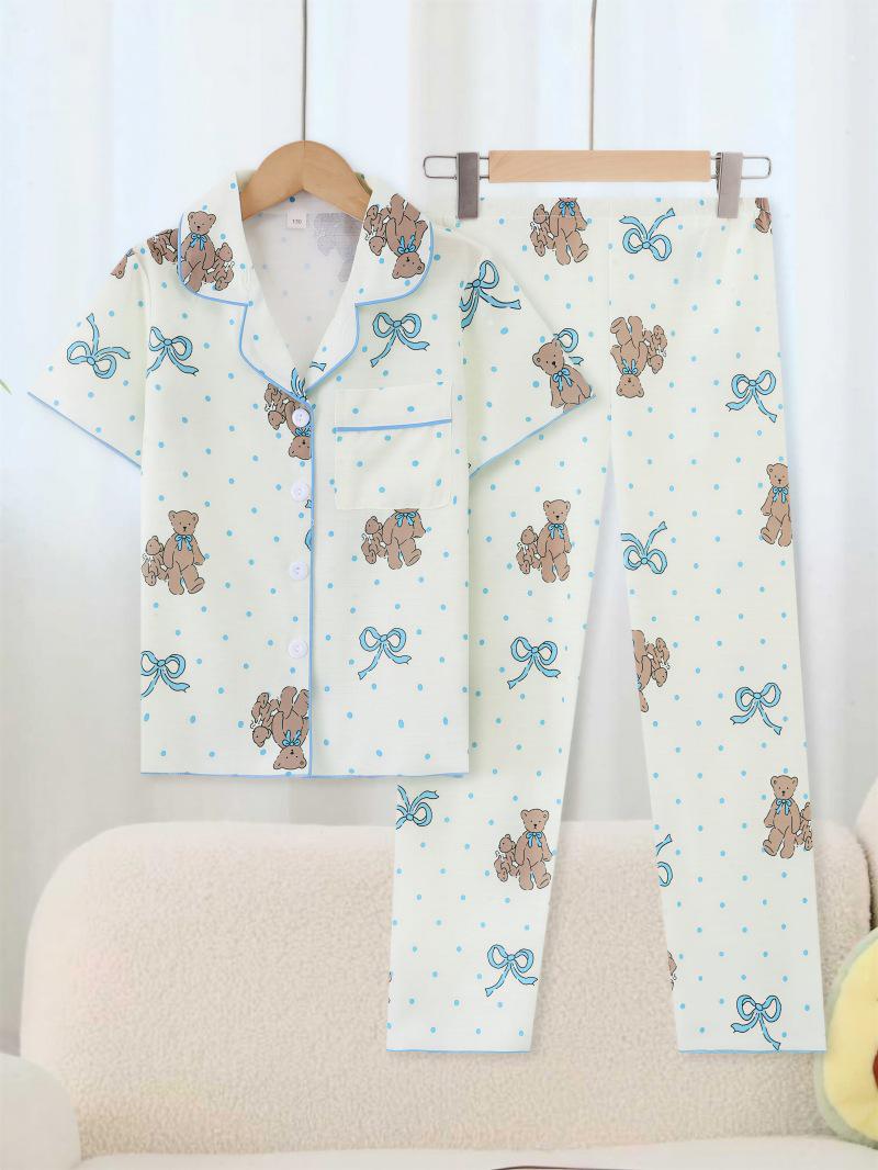 European & American Girls Cartoon Bear Pajama Set - Short Sleeve & Long Pants 130