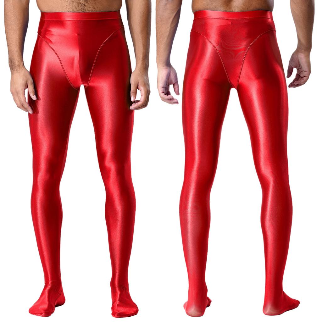 Męskie błyszczące legginsy o wyglądzie mokrej skóry Błyszczący elastyczny pas Wzór ze stopami Dopasowany krój Obcisłe spodnie-rajstopy