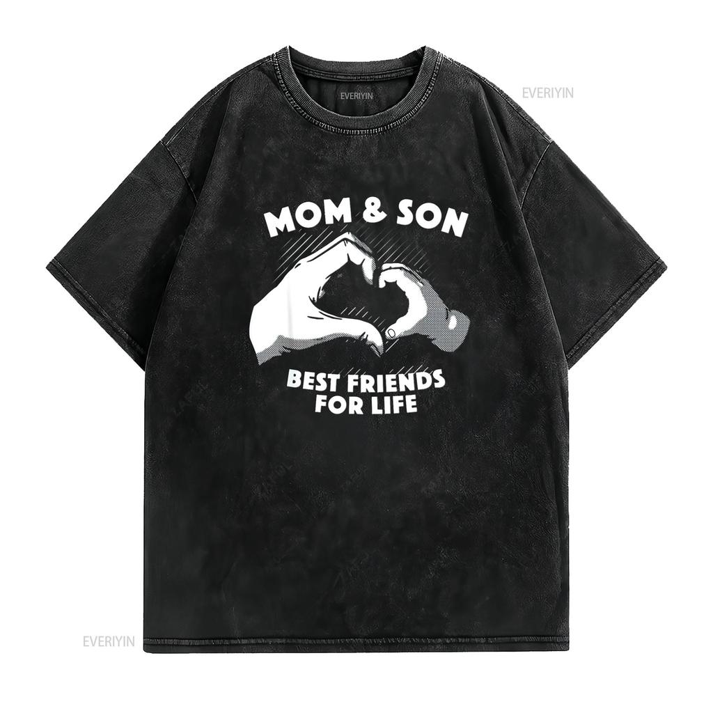 Mom and Son Best Friends for Life Cute Mother T shirt Unisex Black vintage Washed Casual fashion Top For Everyday Wear