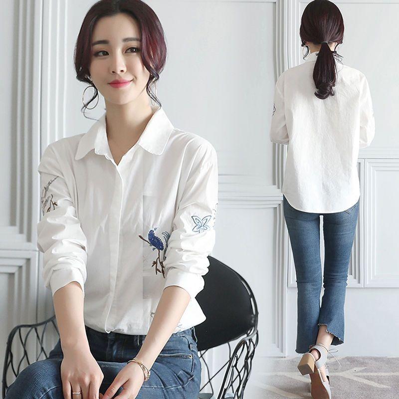 Women Cotton White Short Sleeve Shirt Summer Embroidery Floral Bird Ethnic Style Casual Top