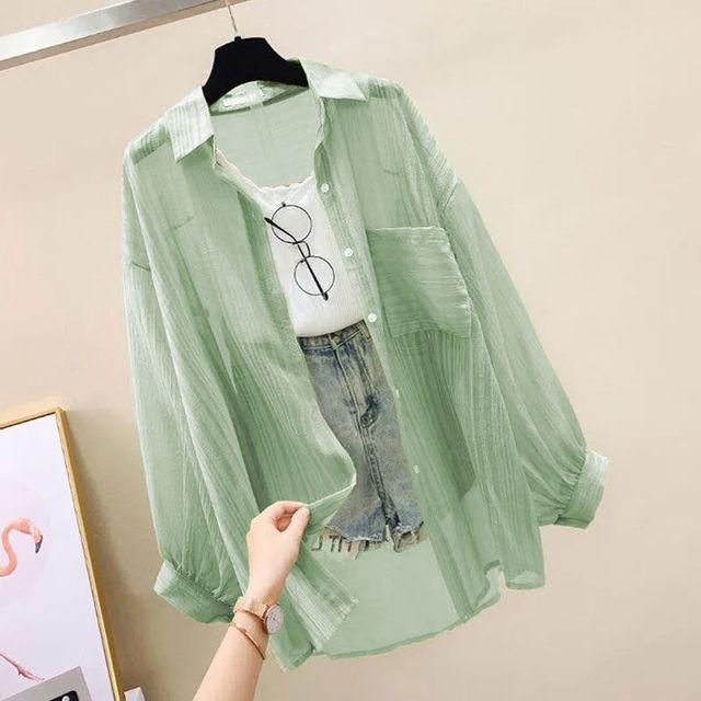 Summer Sunscreen Shirt Elegant Perspective Thin Blouse Korean Loose Casual Women