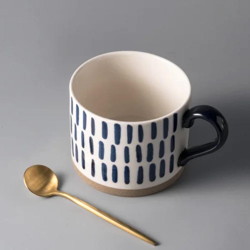 Japanese Ceramic Pattern Coffee Cup with Spoon 450ml Large Capacity Mug Simple Home Office Breakfast Milk Mug Pull Flower Latte