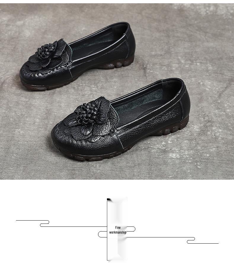 Women's Genuine Leather Non-slip Flat Shoes - Comfortable Round Toe for Middle-aged & Elderly