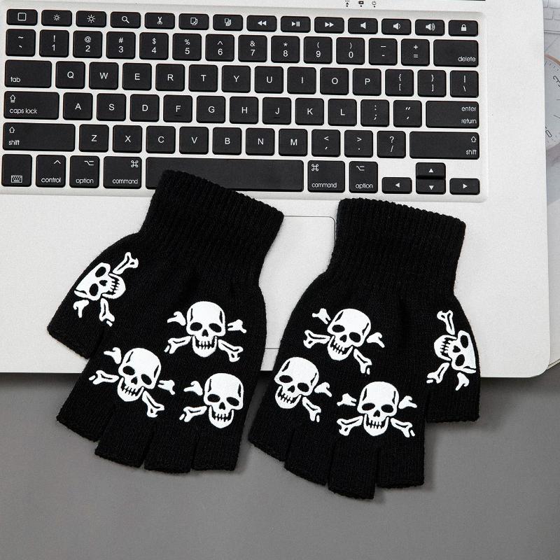 1 Pair New Kids Halloween Skeleton Skull Half Finger Luminous Punk Gloves Winter Skull Fingerless Black Mitten