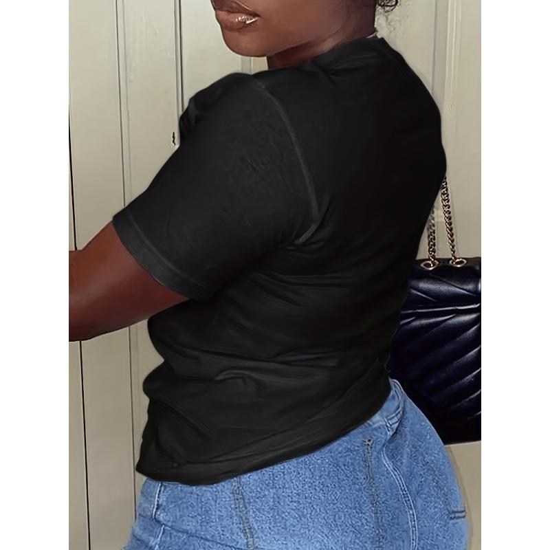 Europäische Größe Shut Up Print T-Shirt, Kurzarm Rundhals Lässiges Oberteil für Sommer & Frühling, Damenbekleidung