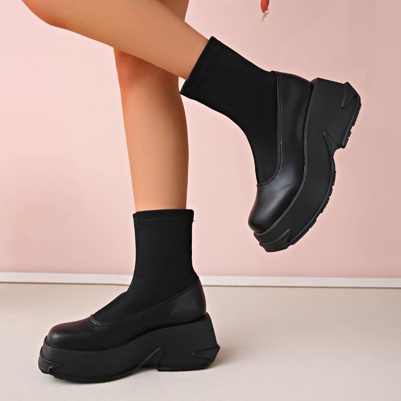 Stretch Boots Women's Round Toe Spliced Sleeve Platform Anti-Slip Wear-Resistant Short Shoe