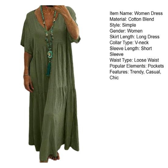 Vestido de Linho de Verão Plus Size para Mulheres Solto Manga Curta Decote V Longo Casual Praia Fluido Vestido de Sol com Bolsos