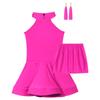 Girls Latin Dance Dress Rhinestone Hollow Back Design with Elastic Shorts and Tassel Earrings