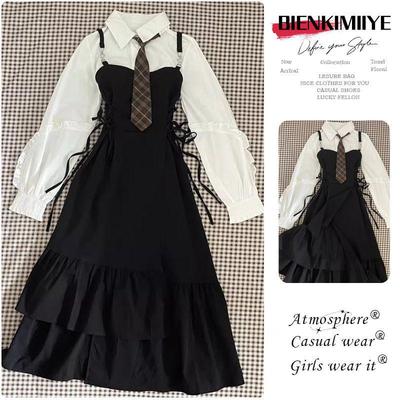 Macacão Vestido Feminino Francês Acinturado com Camisa Branca em Camadas - Conjunto de Duas Peças Outono/Inverno