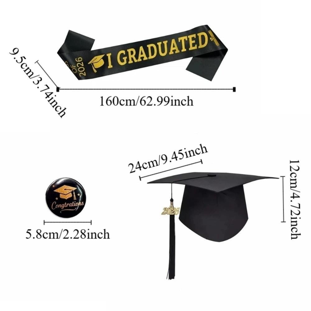 Black Golden Graduation Set Class of 2026 With Tassel Tassel Bachelor Cap Badge Plain Cloth Satin Graduation Shoulder Strap