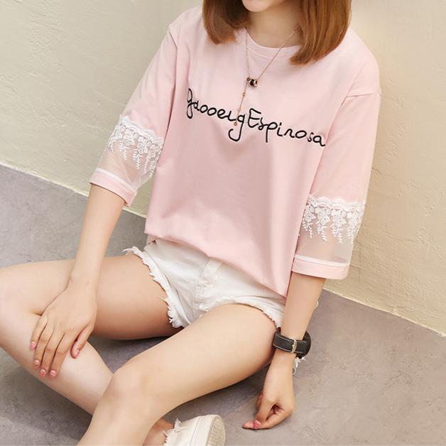 

2025 лето Женская футболка с вышивкой букв молодая девушка харадзюку круглый вырез свободная повседневная Y2K харадзюку с половиной рукава топы графические футболки 2XL розовый