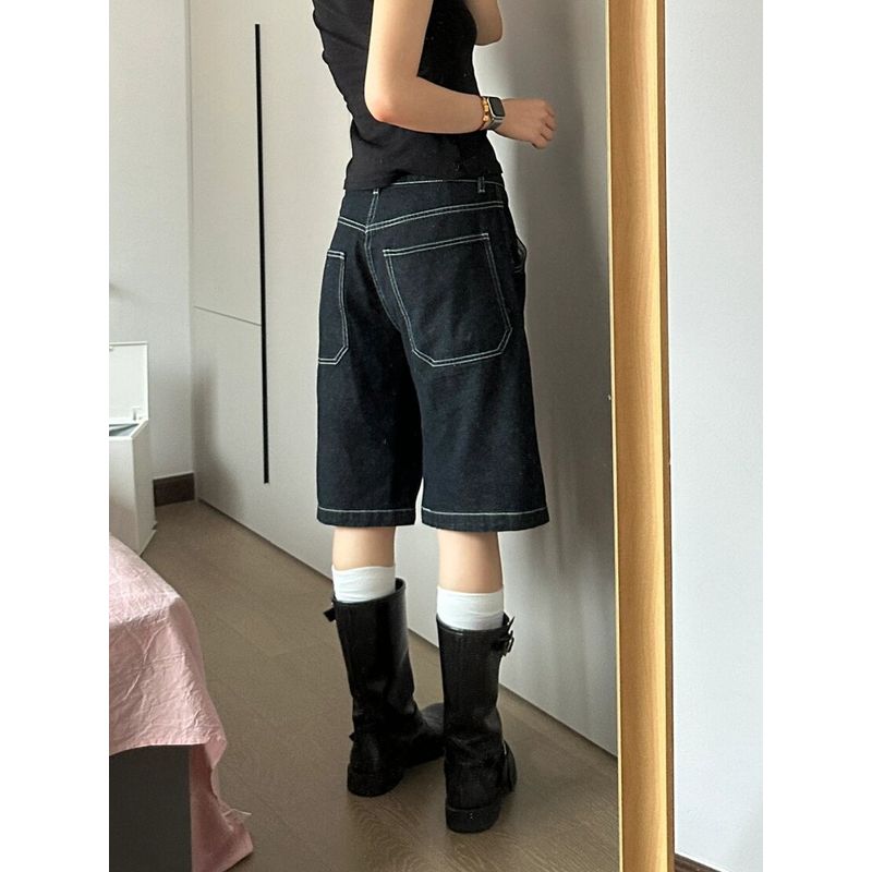 

Fashion High Street Loose Slim Looking Half Length Denim Shorts Black [High Quality]] S