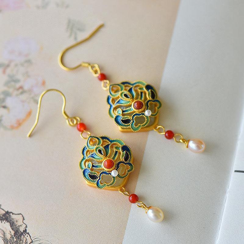 Inspired Design Natural Hetian Jade Enamel Porcelain Southern Red Tourmaline Long Earrings Ladies Classical Jewelry
