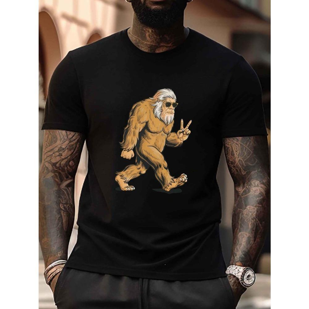 

European Sizes Casual T-Shirt, Rock Sasquatch with Glasses, Geometric Pattern, Crew Neck, Regular Fit, Slight Stretch, Summer Wear S чёрный