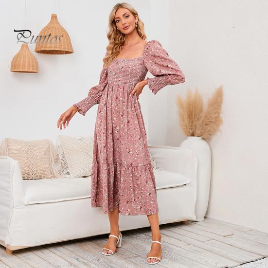 Abito da donna a maniche lunghe con stampa floreale, a trapezio, scollo quadrato, midi, elastico, senza schienale, orlo patchwork, plissettato, primavera-autunno