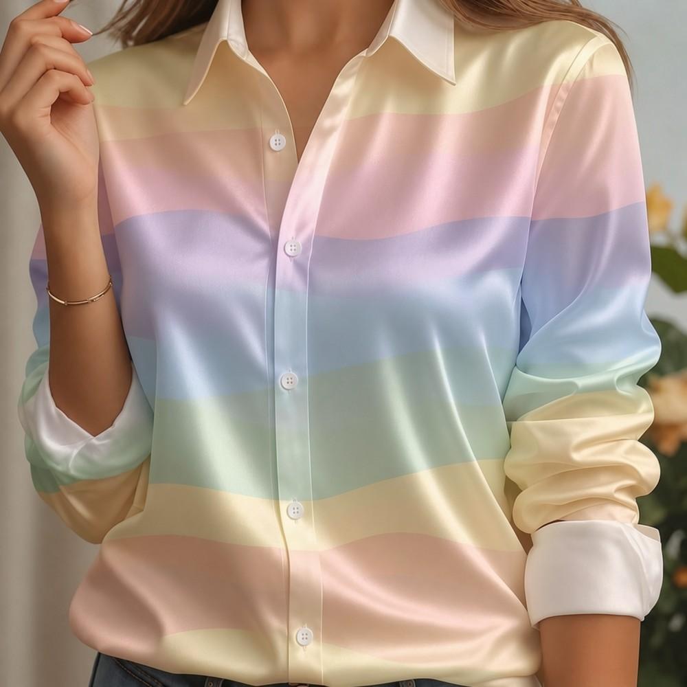 Women Satin Lapel Collar Shirt Pastel Striped Print Long Sleeve Loose Blouse Elegant Office Daily Casual Button Front Silk Feel