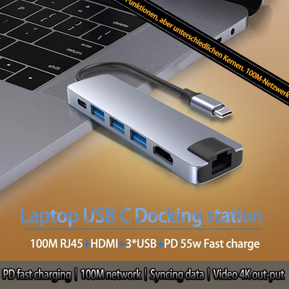 6 in 1 USB C HUB Docking-Konverter USB 3.0 4K HDMI-kompatibel Typ-C 55W PD Ladeadapter RJ45 Multi-USB-Station