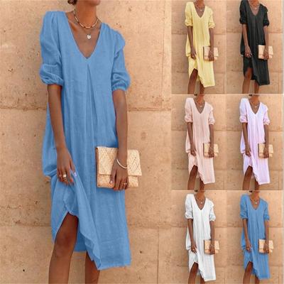 Women Fashion Solid Color Long Sleeve V Neck Cotton Linen Casual Loose Midi Dress
