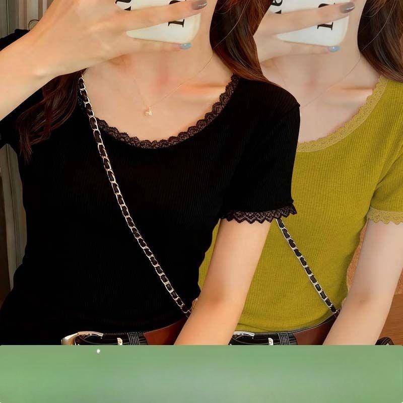 T-shirt Estiva da Donna a Maniche Corte con Bordi in Pizzo, Casual in Cotone, Colore Unito, Top Basico