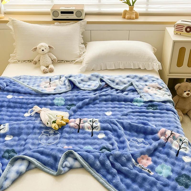 Cartoon Pink Love Print Milk Velvet Throw Blanket Super Soft Warm Plush Blue Blanket Travel Multifunctional Decorative Blankets