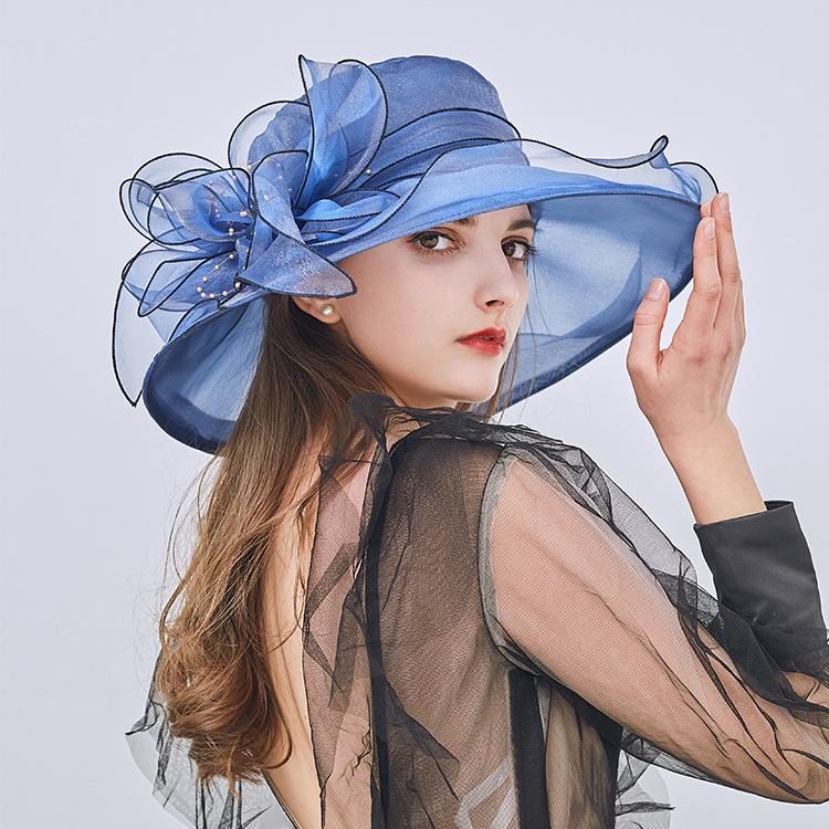 Elegant Women's Organza Sun Hat with Wide Brim & Floral Fascinator - Breathable, Stretch-Fit for Parties & Church