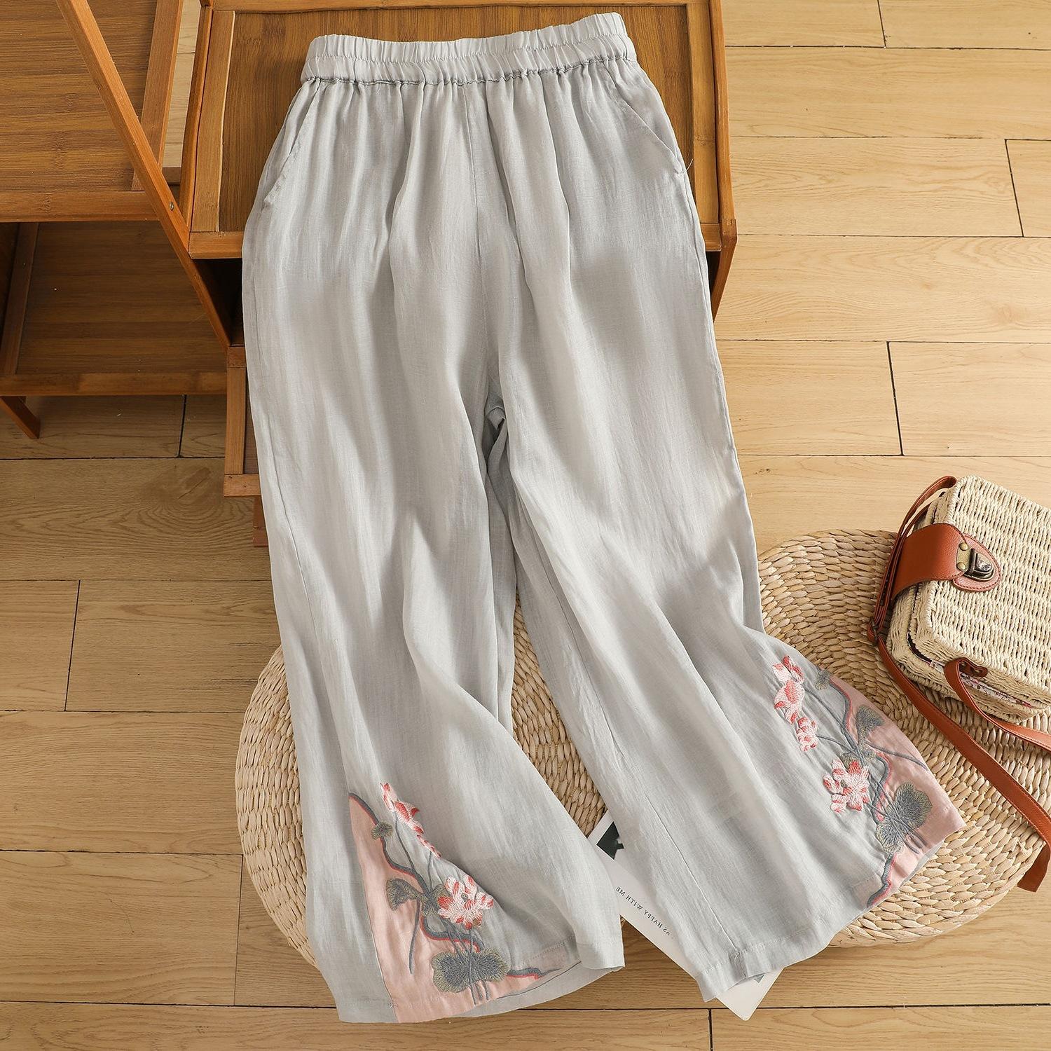 

Женские летние брюки-клеш в китайском стиле с дышащими карманами и винтажной вышивкой в стиле колор-блок, утягивающие повседневные брюки 4XL