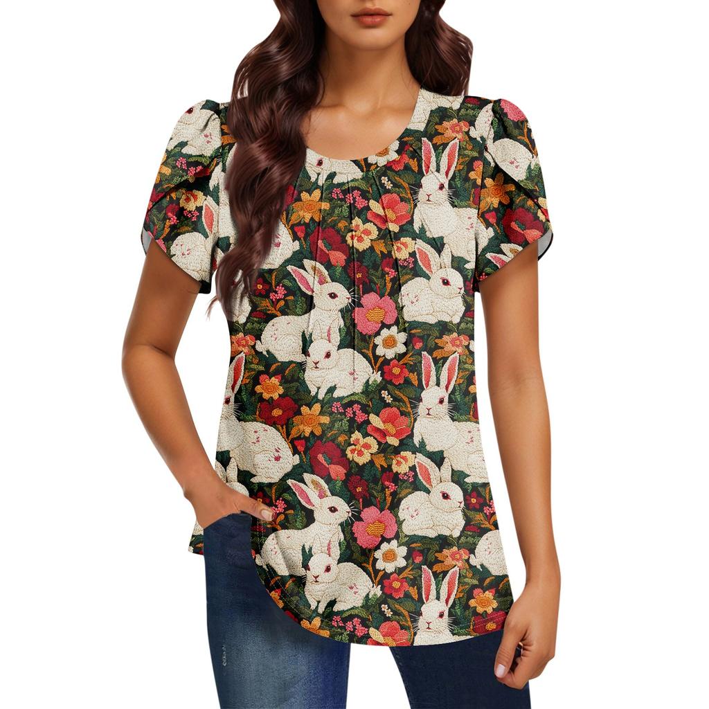 Women's Fashionable Round Neck Short Sleeve Printed Casual Basic Pleated Pullover T-shirt Top