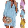 V Neck 45720 Sleeve Cold Shoulder Front Lace-up High-Waist Boho Dress Retro