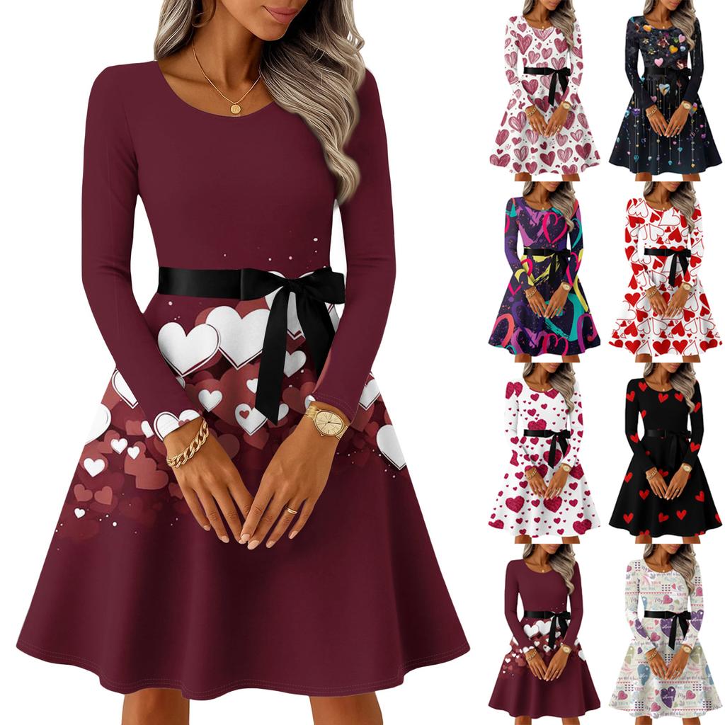 Damen Casual Mode Langarm Vintage Lange Kleider Frühling Valentinstag