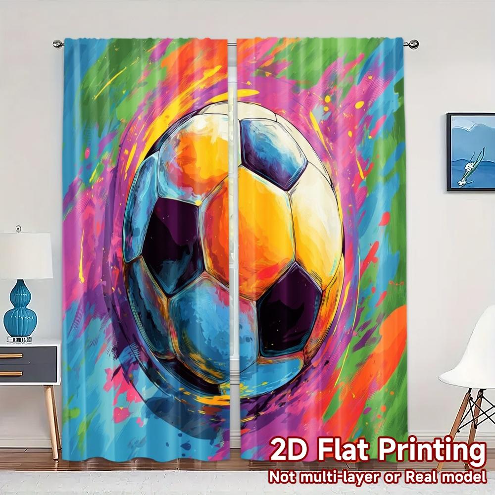 2pcs, 2D FLAT PRINTING Curtains (Without Rod) Soccer Splash Print Popular Curtains Fabric Curtains Thermal Insulation, and Room