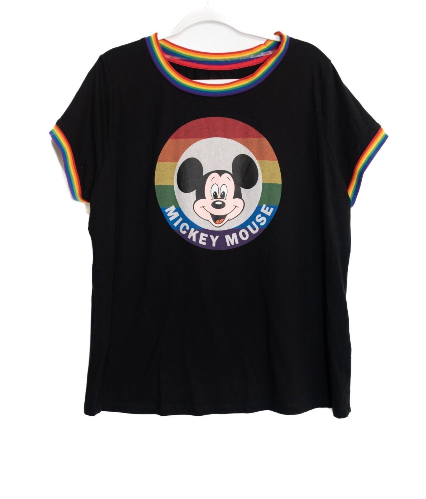 Mickey Mouse Rainbow Pride Black T-Shirt Size 1X With Colorful Collar  Sleeves XXL
